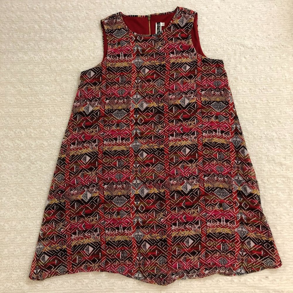 Julian Taylor, Women's Dress, Size 14, Red Pattern Brown Creamy Asymmetrical
